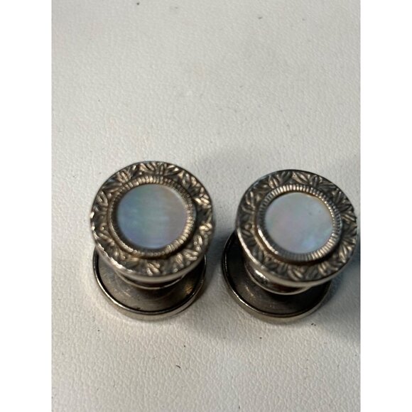 Antique Silver Tone & Mother Of Pearl Cufflinks With Ornate Design - Picture 5 of 9
